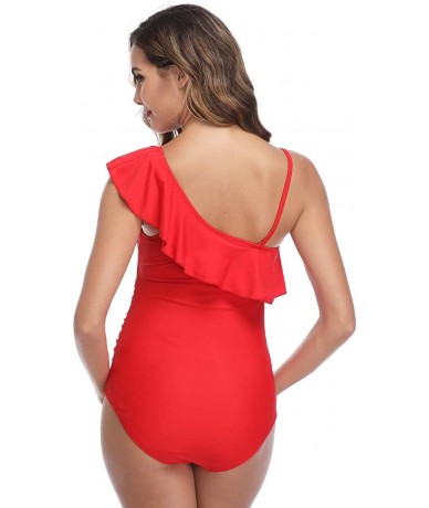 One-Pieces Women Maternity Swimwear One Shoulder Flounce One Piece Printing Bathing Suit - Red - CV18SOAXONU $50.77