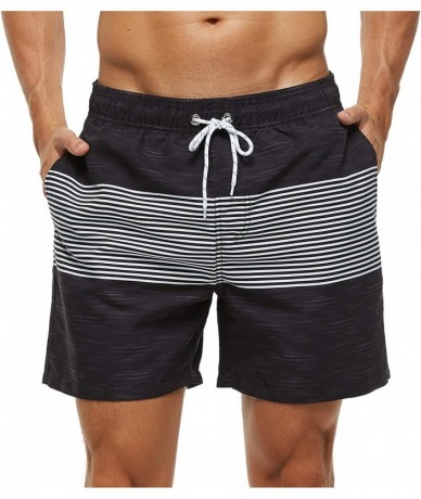 Trunks Men's Swim Trunks Quick Dry Shorts with Pockets - Black + White Stripes - CJ199S67AMU $38.03