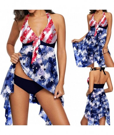 One-Pieces Womens Slimming Two Piece Swimdress Tankini Set Beach Swimsuits American Flag Crisscross Back Ombre Bathing Suit -...