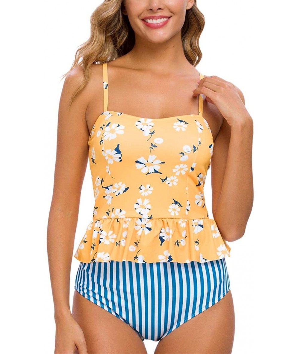 Sets Women's Swimsuit Two Piece Swimsuit Ruffle Print High Waist Bikini Sling Swimsuit Set - Yellow+blue2 - C4196IN2EKD $36.64