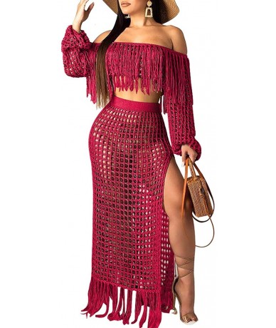 Cover-Ups 2 Pieces Outfits for Women Cover Up - Hollow Out Fringe Off Shoulder Crop Top and Skirt Set - Burgundy - CL18SMYAZQ...