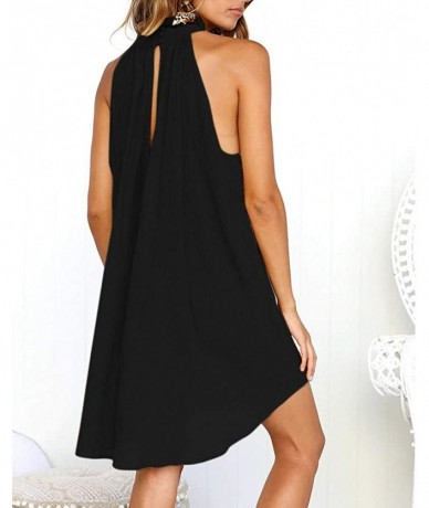 Cover-Ups Womens Halter Neck Sleeveless Beach Mini Casual Dress Solid Color Summer Short Sundresses Tunic Tank Dresses 01 Bla...