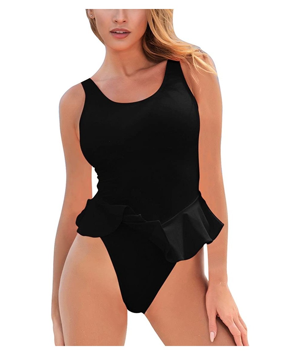 One-Pieces Womens High Cut Sexy Backless Ruffle One Piece Swimsuit - Black - CF18DQIUMXX $37.41