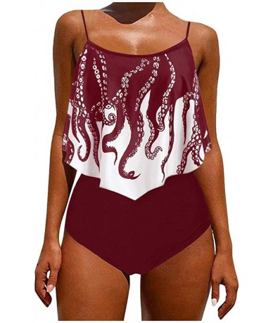 Sets Women's Bikini Set- Summer Octopus Print Ruffled Strappy Tankini Push-Up Padded Overlay Bathing Suits - Wine - C5190OY0U...