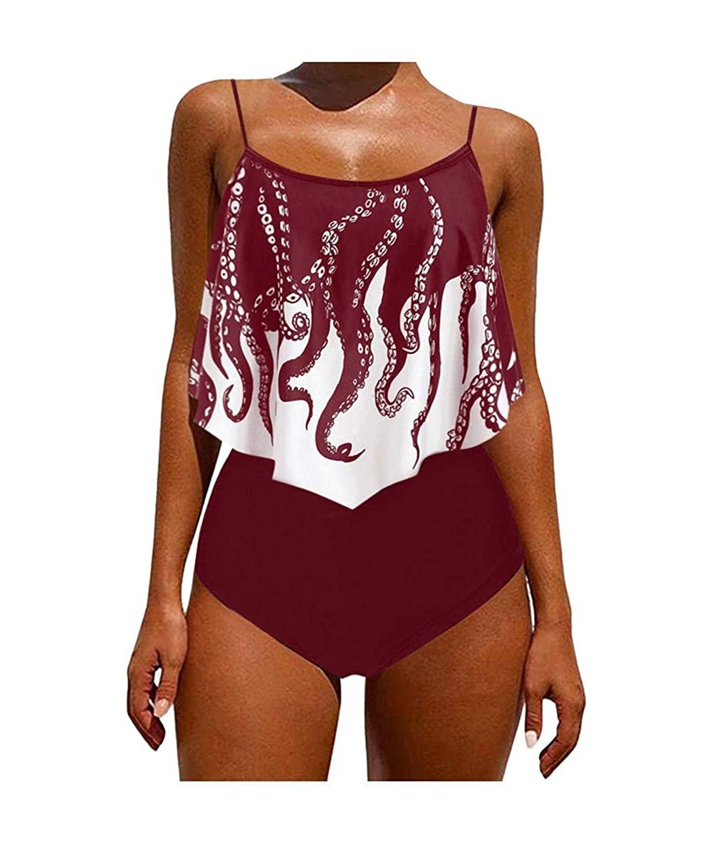 Sets Women's Bikini Set- Summer Octopus Print Ruffled Strappy Tankini Push-Up Padded Overlay Bathing Suits - Wine - C5190OY0U...