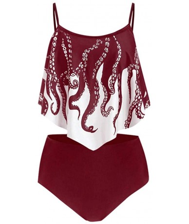 Sets Women's Bikini Set- Summer Octopus Print Ruffled Strappy Tankini Push-Up Padded Overlay Bathing Suits - Wine - C5190OY0U...