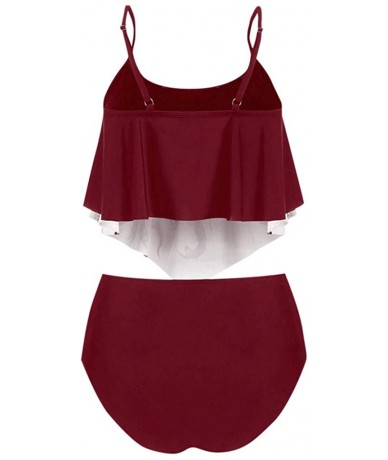 Sets Women's Bikini Set- Summer Octopus Print Ruffled Strappy Tankini Push-Up Padded Overlay Bathing Suits - Wine - C5190OY0U...