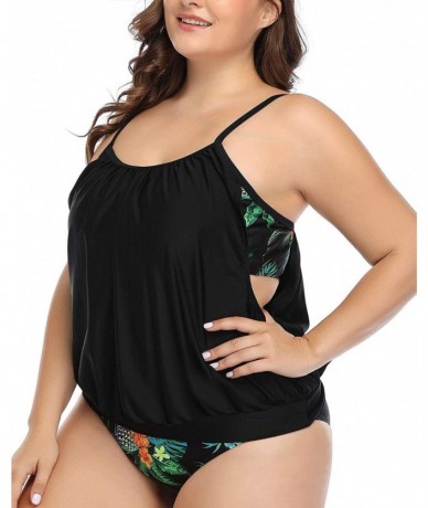 Tankinis Womens Plus Size Tankini Swimsuits Blouson Swimwear Double Up Two Piece - Green Floral - CA18YSU6C08 $49.35