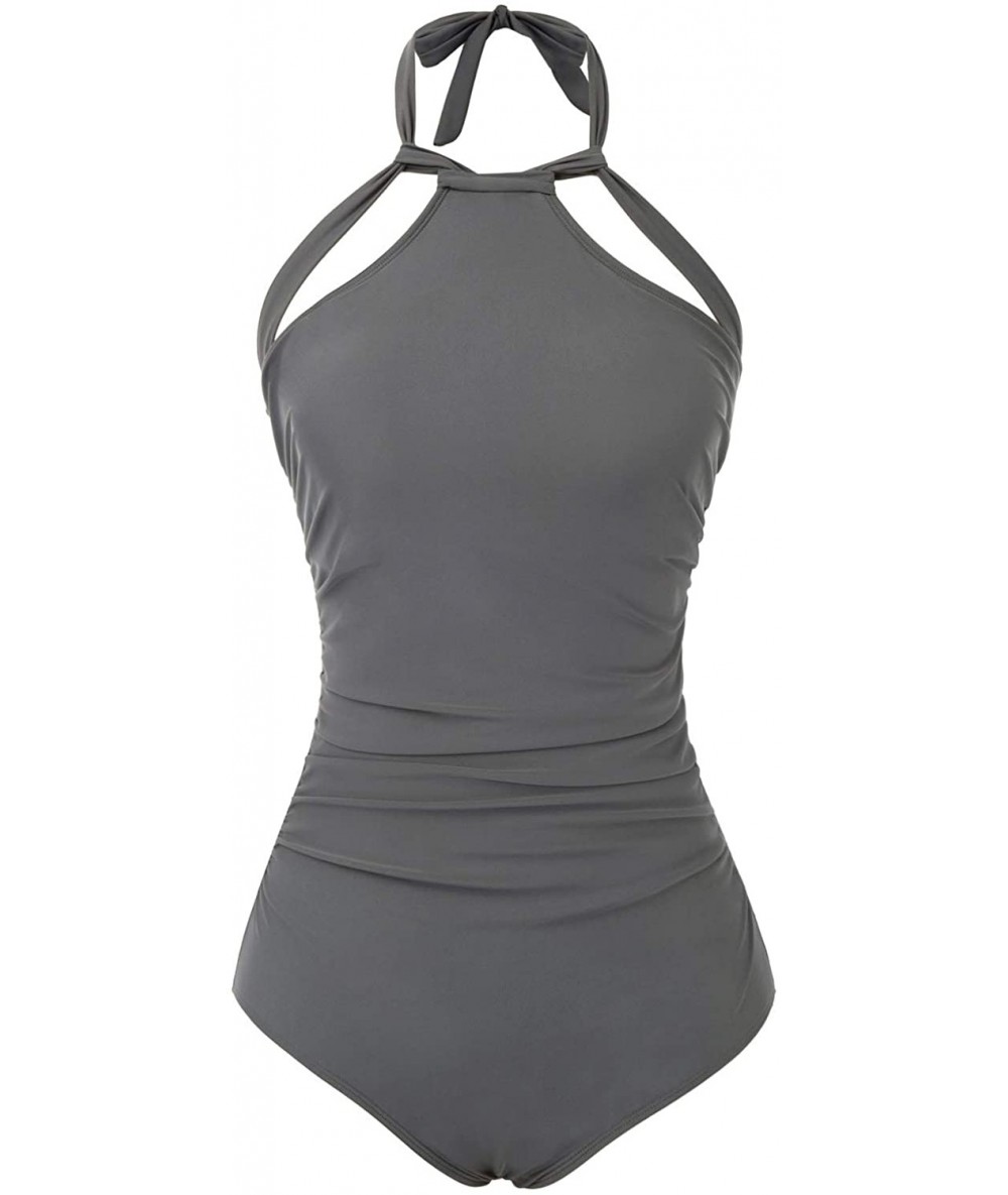 One-Pieces Women One Piece Swimsuit Plunge Deep V Neck Halter Monokinis S-XXL - Grey - CK193R49A60 $25.05