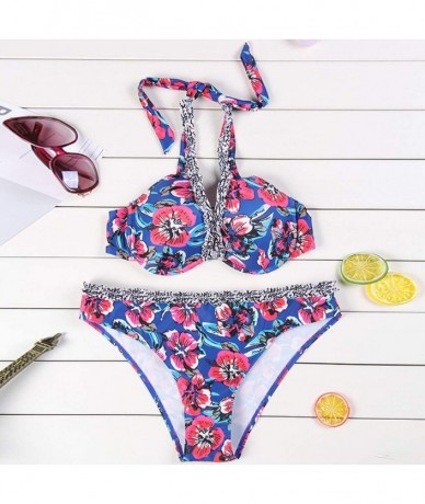 Rash Guards Women Floral Print Bikini Set High Waisted Two Piece Swimsuits Boho Swimwear Beach Suit - Blue - CH18UMNDNM8 $25.07