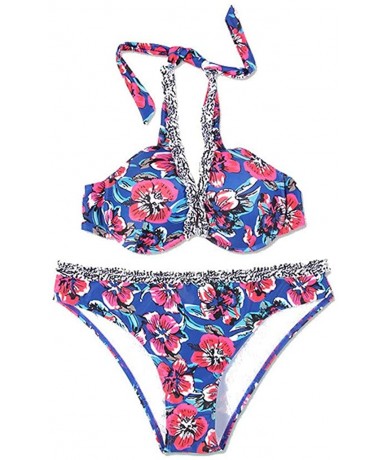 Rash Guards Women Floral Print Bikini Set High Waisted Two Piece Swimsuits Boho Swimwear Beach Suit - Blue - CH18UMNDNM8 $25.07