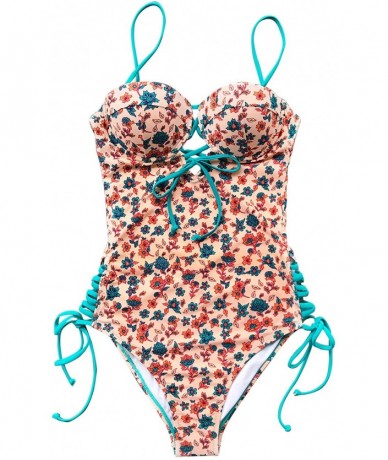 One-Pieces Women's Teal Red Dainty Floral Print Lace Up One Piece Swimsuit - Multicolored - C518TH5TZCM $56.57