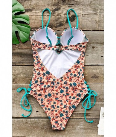 One-Pieces Women's Teal Red Dainty Floral Print Lace Up One Piece Swimsuit - Multicolored - C518TH5TZCM $56.57