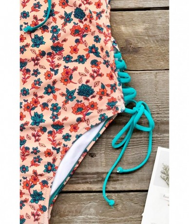 One-Pieces Women's Teal Red Dainty Floral Print Lace Up One Piece Swimsuit - Multicolored - C518TH5TZCM $56.57