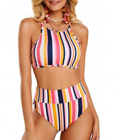 Sets Women's 2 Piece High Waisted Swimsuits Vintage Sexy Striped High Neck Criss Cross Bikini Sets Swimwear - Pink - CO18RSWX...