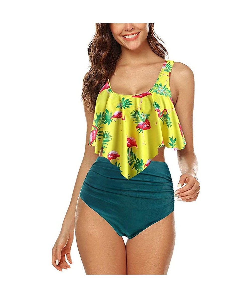 Sets High Waised Bikini Swimsuit for Women Ruffled Flounce Top Swimwear Two Piece Bathing Suits - Yellow Flamingo - CW1993R7O...