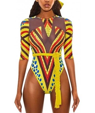 One-Pieces Women Tribal Print Half Sleeve Rash Guard UV Sun Protection Swimsuit Cutout One Piece Slim Monokini Swimwear Red -...