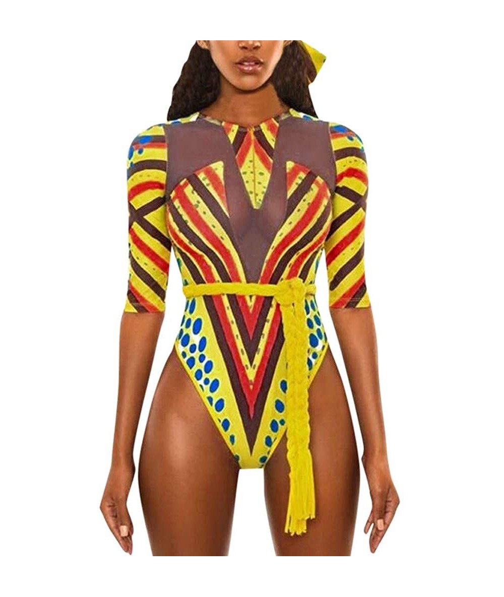 One-Pieces Women Tribal Print Half Sleeve Rash Guard UV Sun Protection Swimsuit Cutout One Piece Slim Monokini Swimwear Red -...