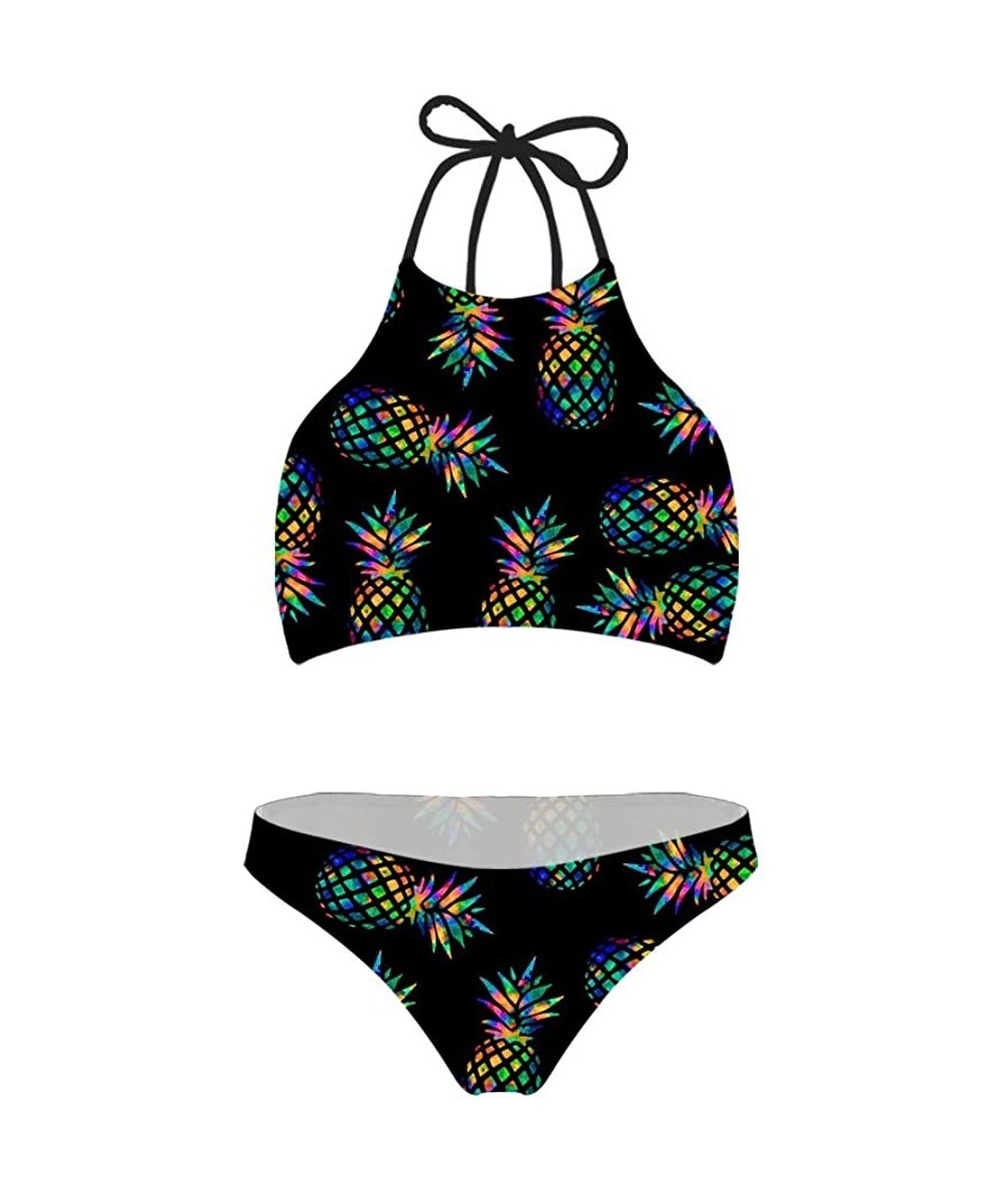 Sets Women Swimsuit Beach Swimwear Tie Halter Padding Bikini Bathing Suit Two Piece Tropical Plants Pattern Pineapple 3 - C01...