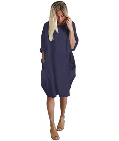 Cover-Ups Women's Dresses Casual Loose Summer Pocket Ladies Plus Size 3/4 Sleeve Beachwear Cover Up Knee Length Sundress Navy...