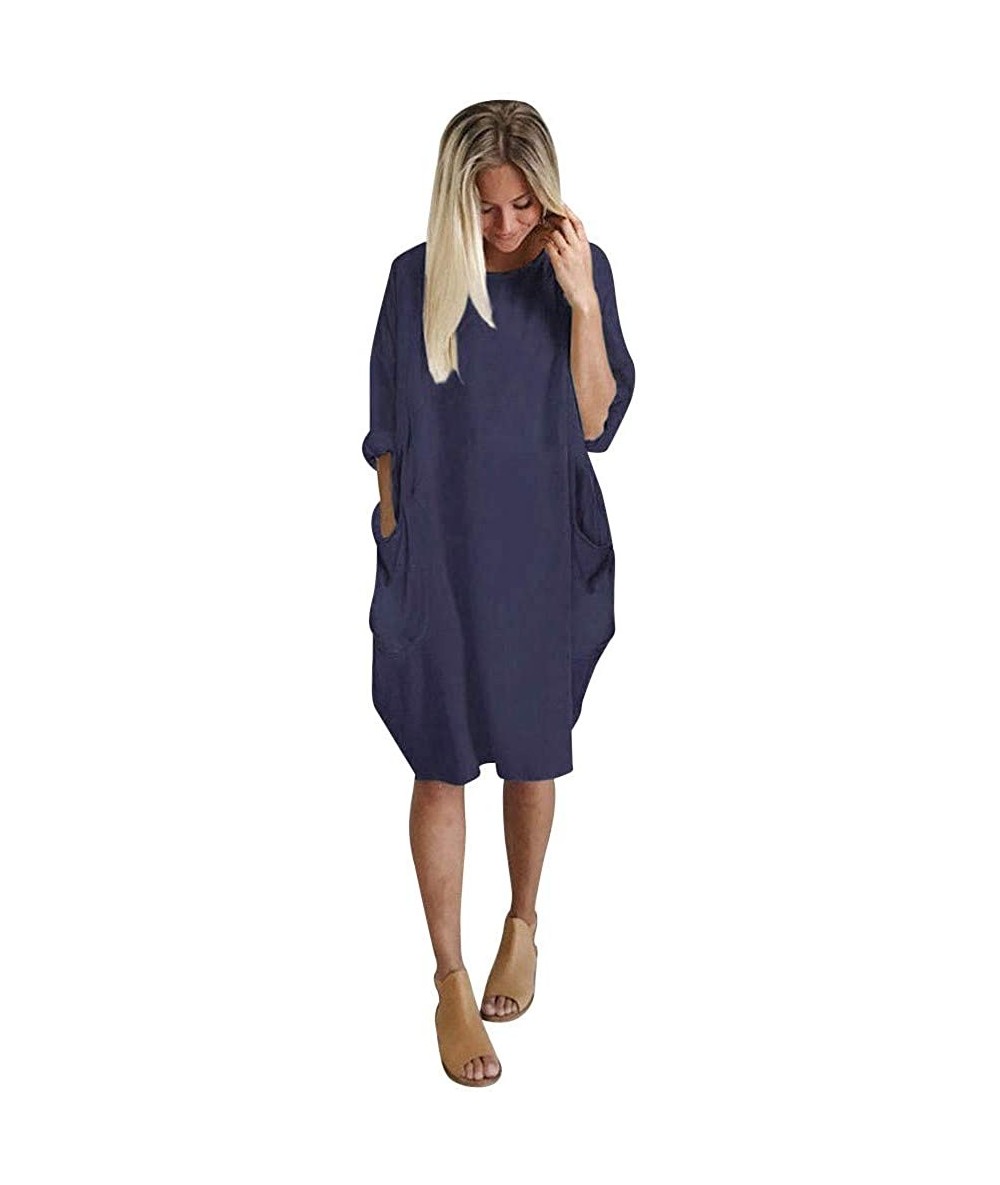 Cover-Ups Women's Dresses Casual Loose Summer Pocket Ladies Plus Size 3/4 Sleeve Beachwear Cover Up Knee Length Sundress Navy...