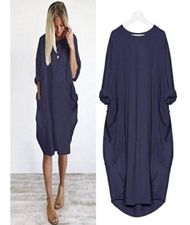 Cover-Ups Women's Dresses Casual Loose Summer Pocket Ladies Plus Size 3/4 Sleeve Beachwear Cover Up Knee Length Sundress Navy...