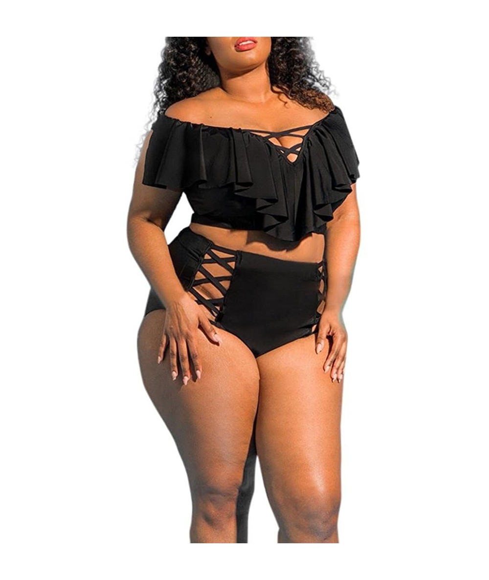 Sets Women's Off Shoulder Ruffle Crop Top Lace Up Plus Size Two Piece Bikini Swimsuit - Black - CJ18G3N7KAY $31.28