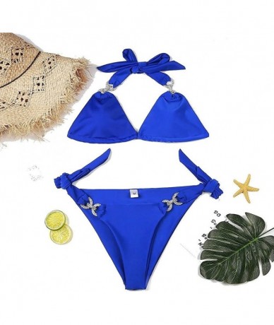 Sets Women 2PCS Shiny Diamond Bikini Set Tankini Sexy Bra Swimsuit Praty Bathing Suit - Blue - CA18CK55HHN $48.42