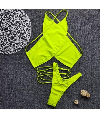 Tops Women's High Neck Criss Cross Tie Side Bikini Swimsuits Two Pieces Bikini - Green - C31953RNTNH $25.33