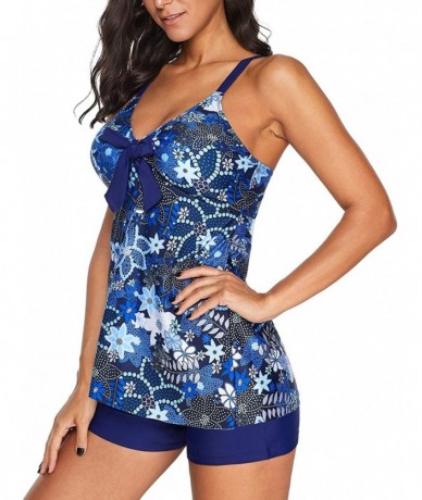 Racing Women's Two Piece Retro Printed Tankini Swimsuits Tummy Control Swimwear with Boyshorts Bathing Suits Blue Floral - C7...