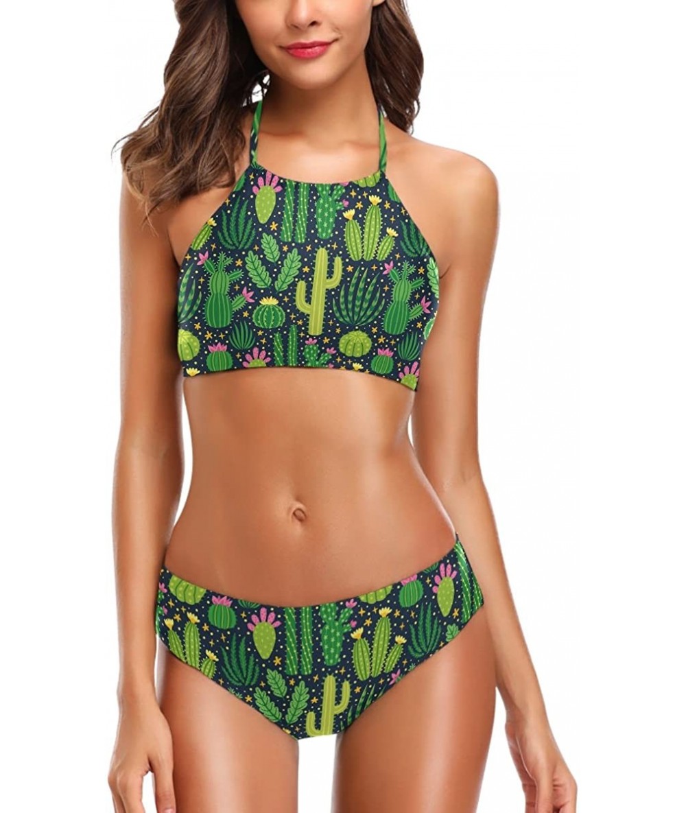 Sets Women's Chic Summer Hot 2 Piece Halter Neack High Waist Padded Sexy Swimsuit - Green Cactus - C218G22S5MC $45.92