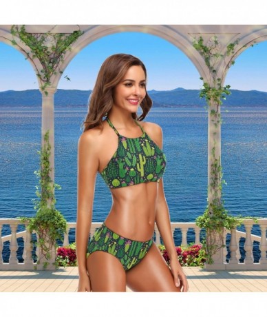 Sets Women's Chic Summer Hot 2 Piece Halter Neack High Waist Padded Sexy Swimsuit - Green Cactus - C218G22S5MC $45.92