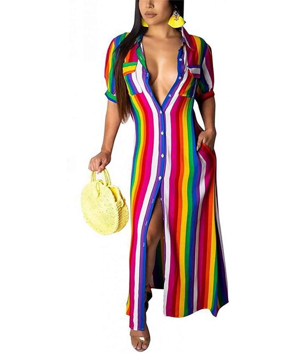 Cover-Ups Women's Sexy V Neck Long Sleeve Striped Long Maxi Dress Button Down Shirt Dress - 836-rainbow - CY18RD3EX30 $55.46