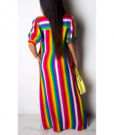 Cover-Ups Women's Sexy V Neck Long Sleeve Striped Long Maxi Dress Button Down Shirt Dress - 836-rainbow - CY18RD3EX30 $55.46