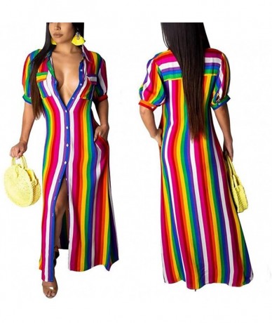 Cover-Ups Women's Sexy V Neck Long Sleeve Striped Long Maxi Dress Button Down Shirt Dress - 836-rainbow - CY18RD3EX30 $55.46