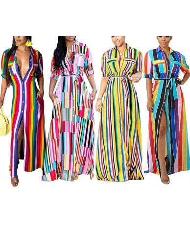 Cover-Ups Women's Sexy V Neck Long Sleeve Striped Long Maxi Dress Button Down Shirt Dress - 836-rainbow - CY18RD3EX30 $55.46