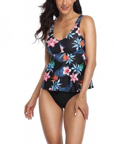 Sets Womens High Waist Bikini Swimsuits Two Piece Ruffled Bathing Suits Tankini Set - Zb-blue Leaf Black - CX1979IL0LI $33.61