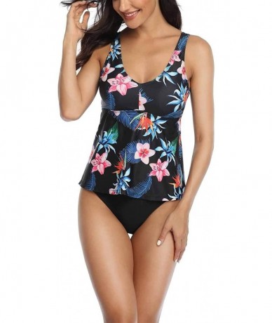 Sets Womens High Waist Bikini Swimsuits Two Piece Ruffled Bathing Suits Tankini Set - Zb-blue Leaf Black - CX1979IL0LI $33.61