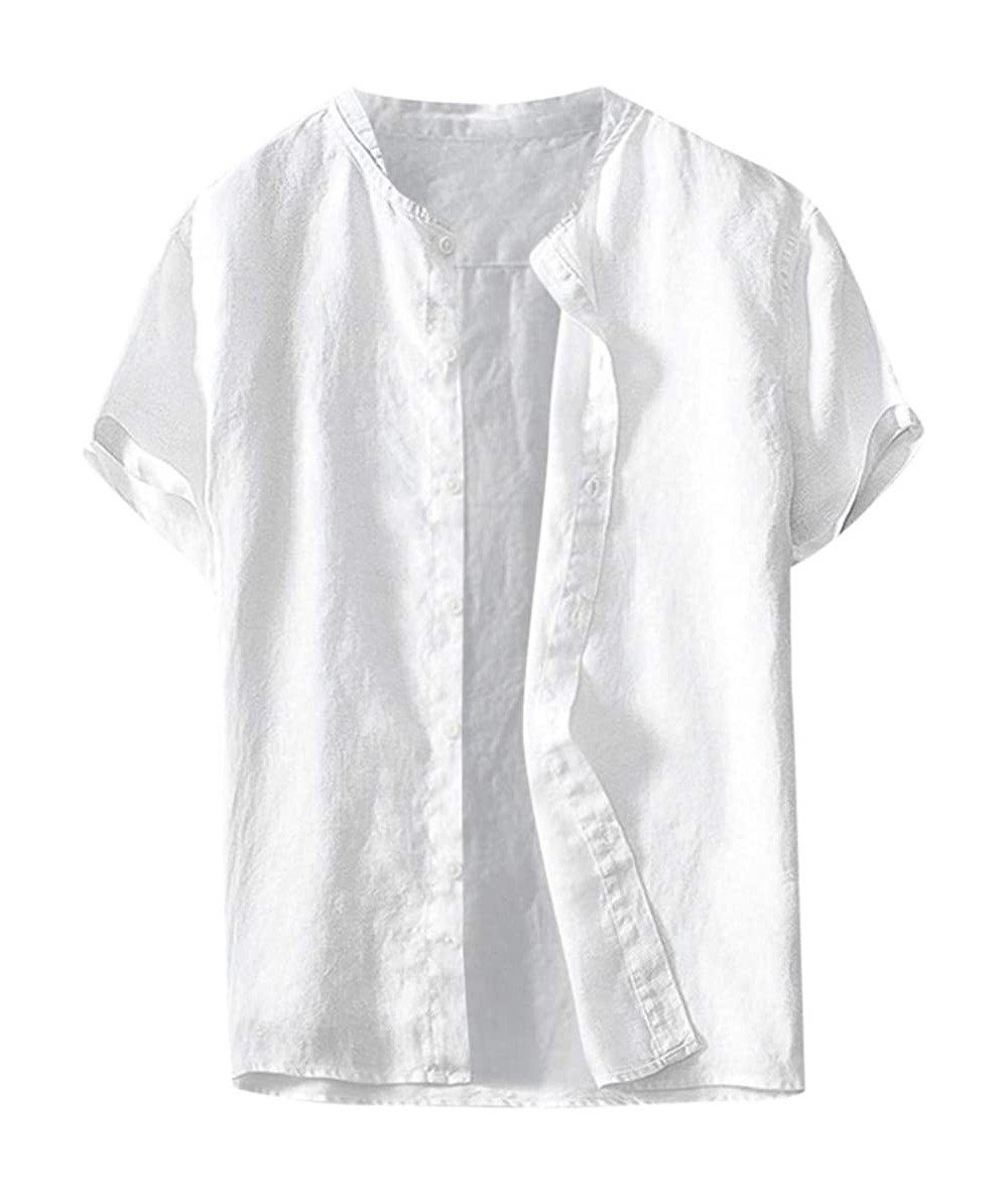 Racing Summer 2019 Men's Solid Color Cool Thin Breathable Tee Blouse Button Cotton Short Sleeve Shirt Tops - White - CU18SXKT...