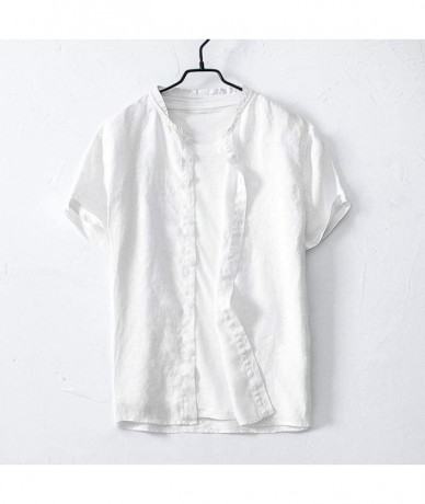 Racing Summer 2019 Men's Solid Color Cool Thin Breathable Tee Blouse Button Cotton Short Sleeve Shirt Tops - White - CU18SXKT...