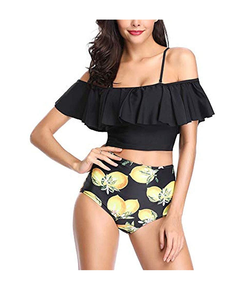 Sets Women High Waisted Swimsuit Two Piece Ruffled Flounce Top with Ruched Bottom Bikini Set Swimwear Bathing Suits Yellow - ...