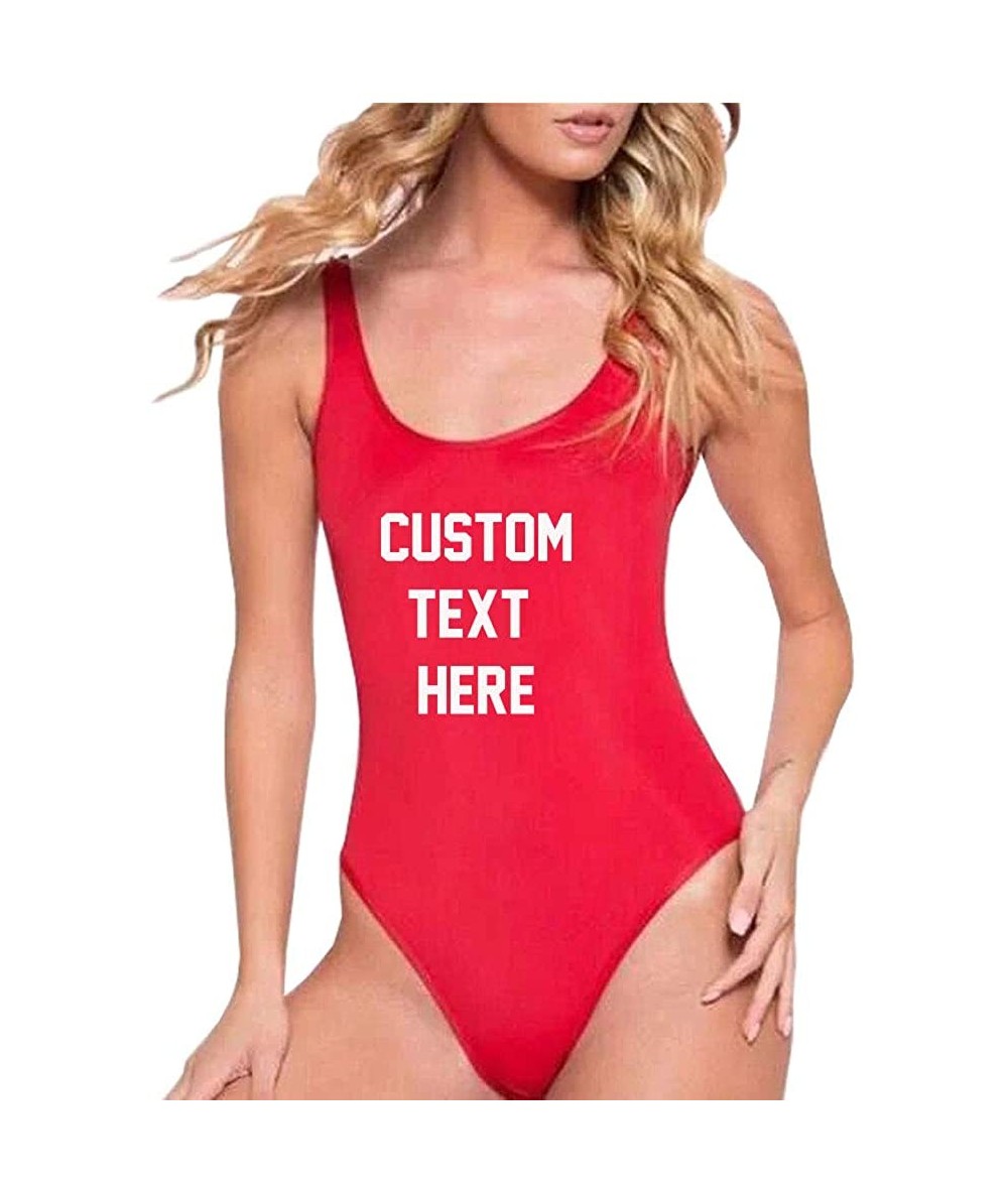 One-Pieces Women's Personalized Text Bathing Suits Inspired High Cut Low Back One Piece Swimwear Red(message for Custom Text)...