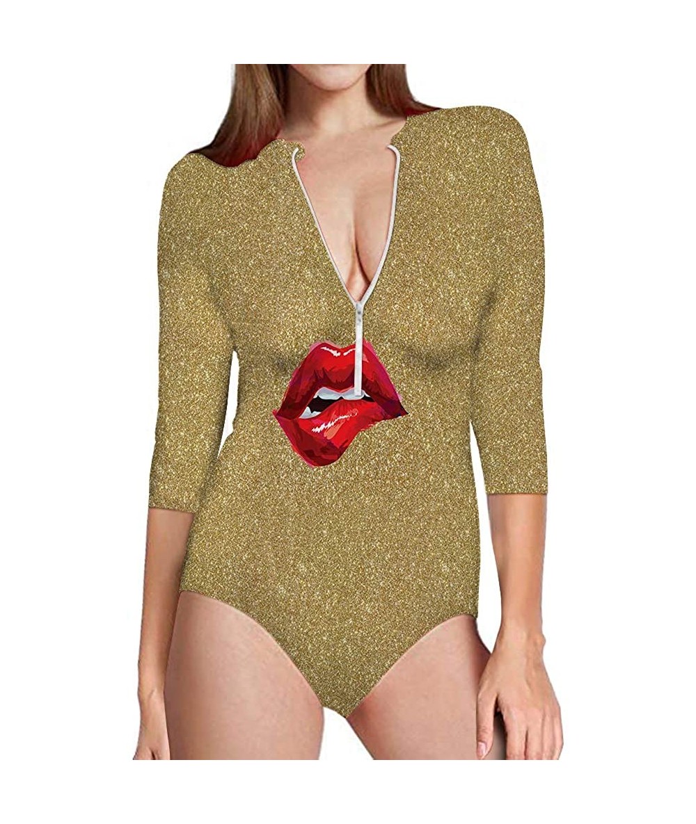 Rash Guards Red Lips Women's One Piece Swimsuits Long Sleeve UV Protection Surfing Rash Guard Zip Bathing Suit Swimwear - CK1...