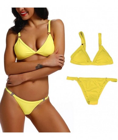 Sets Sexy Womens Deep V Halter Bikini Set Cheeky Bottom Semi Thong Swimsuit Swimwear - A-yellow - CO18R9LMM0A $28.91