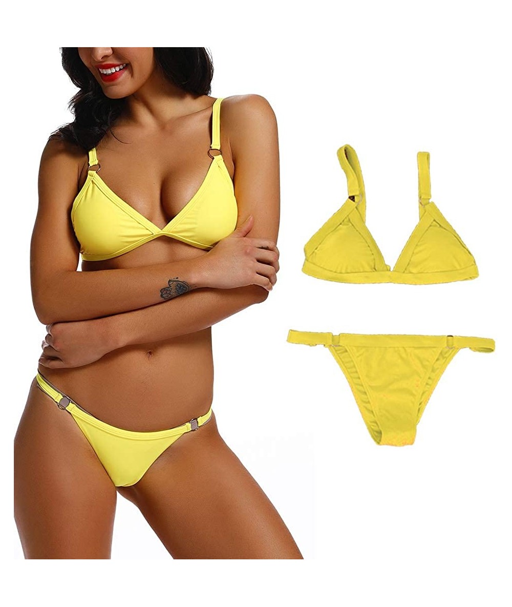 Sets Sexy Womens Deep V Halter Bikini Set Cheeky Bottom Semi Thong Swimsuit Swimwear - A-yellow - CO18R9LMM0A $28.91