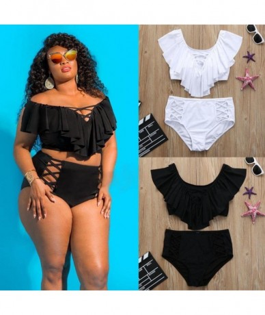 Sets Women's Off Shoulder Ruffle Crop Top Lace Up Plus Size Two Piece Bikini Swimsuit - Black - CJ18G3N7KAY $31.28