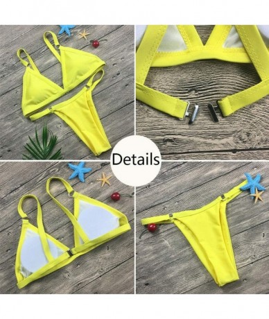 Sets Sexy Womens Deep V Halter Bikini Set Cheeky Bottom Semi Thong Swimsuit Swimwear - A-yellow - CO18R9LMM0A $28.91