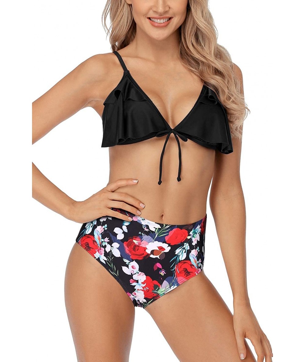 Sets Women's Ruffle Bikini Swimsuit Lace Up Two Piece Padded Bathing Suits - Black/Floral Print - CR199XQM0MI $40.84