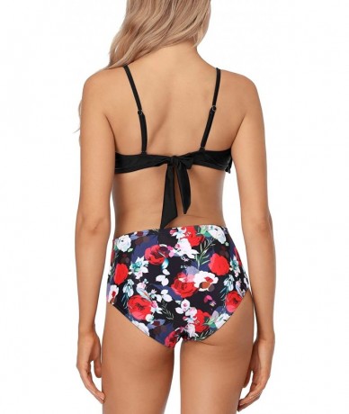 Sets Women's Ruffle Bikini Swimsuit Lace Up Two Piece Padded Bathing Suits - Black/Floral Print - CR199XQM0MI $40.84