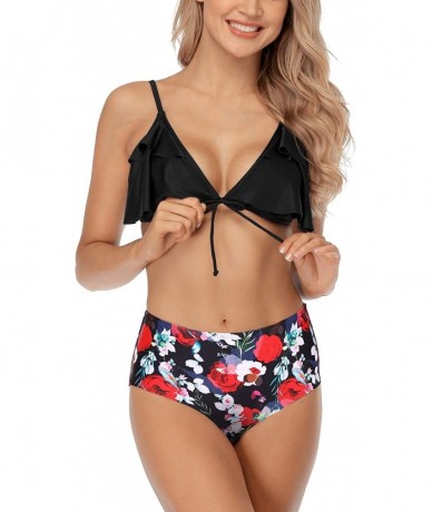 Sets Women's Ruffle Bikini Swimsuit Lace Up Two Piece Padded Bathing Suits - Black/Floral Print - CR199XQM0MI $40.84